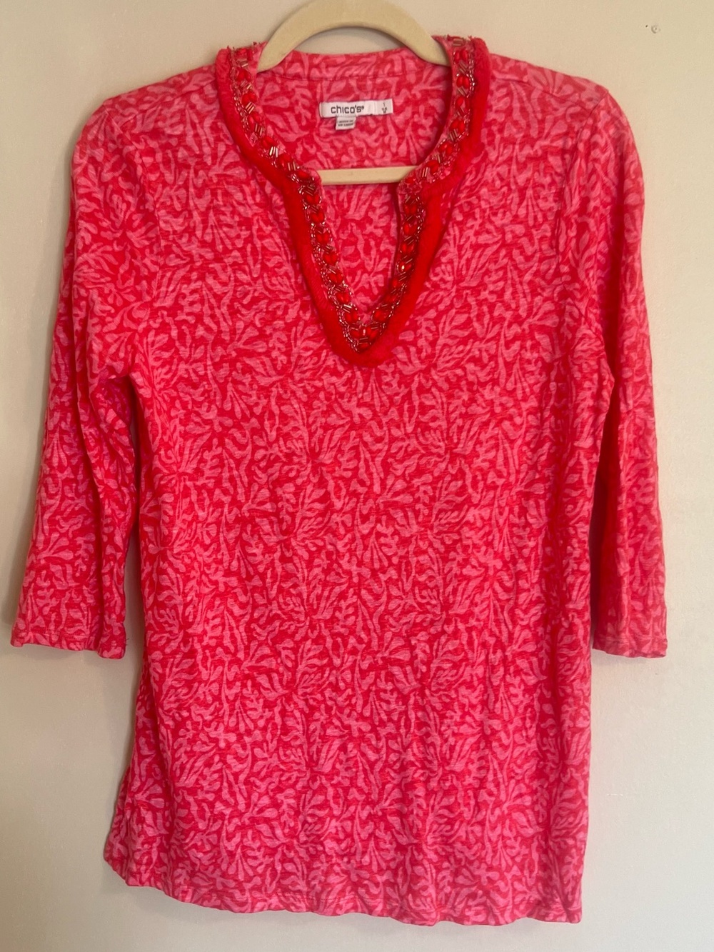 Chico's Pink Coral Patterned Tunic with Beaded V-Neck